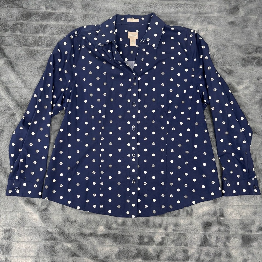 Chicos Navy Blue Polka Dot Wrinkle Resistant Cotton Button Down Shirt Size 2 L